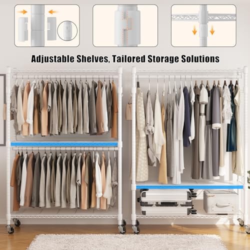 BATHWA Clothes Racks for Hanging Clothes, 25 mm tube Heavy Duty 47.3" W x 17.7" D x 80.7" H Large Wardrobe Rack with Shelves & Wheels Rolling Metal Commercial Multifuctional, White - Image 6