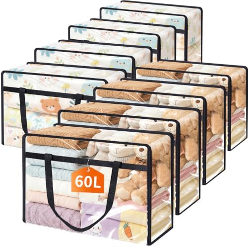 8 Pack Clear Clothes Storage Bags, 60L Vinyl Blanket Storage Containers with Heavy Duty Zipper, Foldable Moving Bags, Closet Organizers for Bedding, Clothing, Comforters, Linens, Duvet by PickyanDco