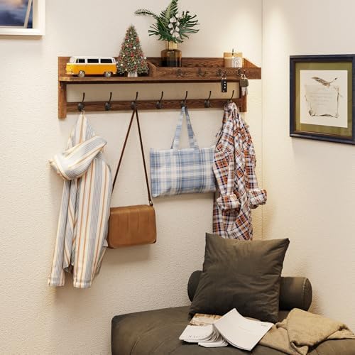 AMBIRD Coat Rack Wall Mount, 35 inch Large Wall Hooks with Shelf, Entryway Shelf with 7 Dual Coat Hooks 4 Key Hooks Mail Organizer, Wooden Coat Hanger and Key Holder Wall Mount - Image 2