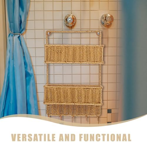 Cabilock Wall-Mounted Storage Rack 2-Tier Woven Basket Hanging Organizer with 5 Hooks for Kitchen Bathroom Entryway Fruit Vegetable Storage 16.73X10.03X5.11 Inches - Image 2