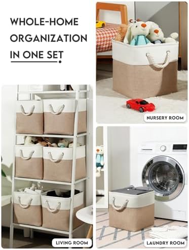 Temary 6-Pack Cube Storage Bins, 11 Inch Foldable Fabric Storage Cubes with Cotton Rope Handles, Sturdy Linen Organizer Baskets with Metal Frame for Shelves, Closet, Nursery (White&Khaki) - Image 6