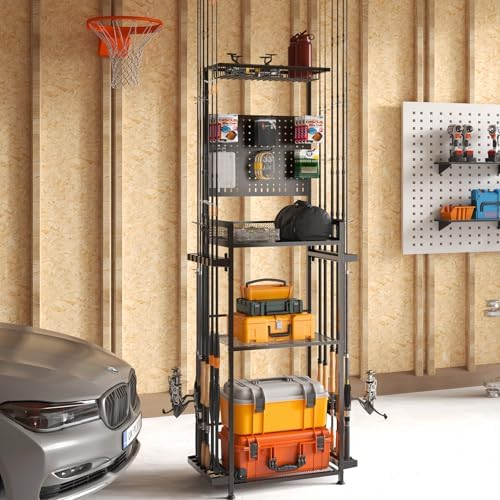 SOYEEZE Fishing Rod Holders for Garage,Fishing Gear Holder for Fishing Rod Tackle Box Storage，Fishing Pole Holders for 12 Rods with Hooks and Pegboard,Fishing Stand with Reel Rack, Standard Size by SOYEEZE