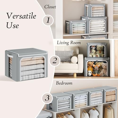 Yecaye Large Clothes Storage Bins with Metal Frame, Grey, 66L, 3 Pack - Image 4