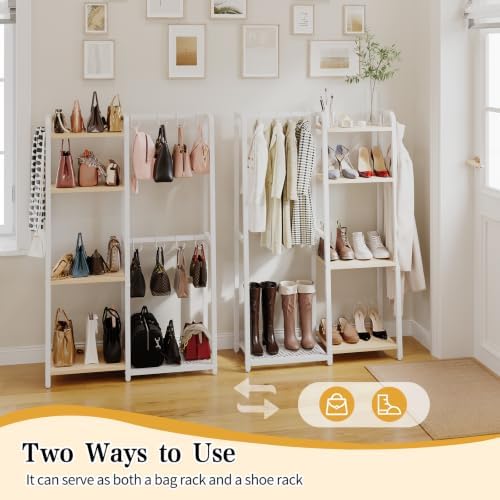 HavenlyYouth Purse Storage Organizer for Closet, 4-Tier Iron Wood Purse Rack, 8 Purse Hooks & 2 Side Hooks for Bag Organizer, Large Capacity Handbag Storage Rack for Home, Living Room, White - Image 6