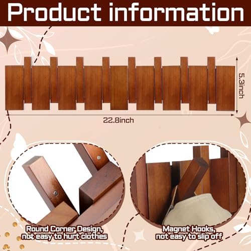 Youyole 8 Hook Wood Coat Rack Wall Mount Wooden Coat Hooks Rustic Wood Color Heavy Duty Flip Down Piano Hat Rack for Hanging Coats Keys Hats Robe Towels Home - Image 3