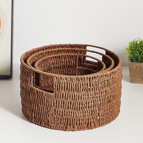 Vagusicc Wicker Storage Basket, Hand-Woven Paper Rope Large Round Woven Basket With Handles, Wicker Baskets for Organizing/Storage, Brown, 3-Pack - Image 5