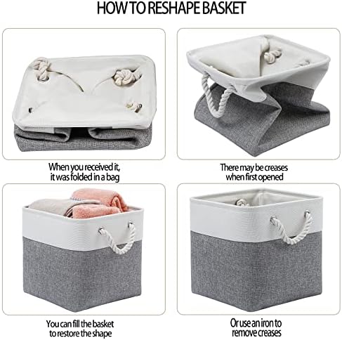 MidmmVick 11 x 11 Inch Cube Storage Bins, 6 Pack Large Collapsible Fabric Storage Bin with Ropes, Foldable Storage Cubes for Home, Office,Closet, Clothes, Toys Organizer (White & Grey-11"x11"x11") - Image 3