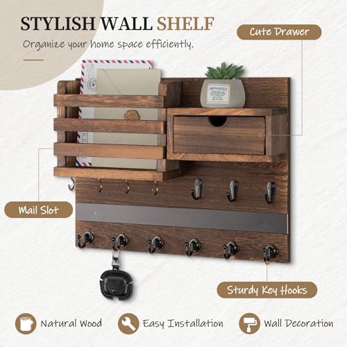 Nekon Key Holder Wall Mount with Drawer, 14.5" Mail Holder, Brown - Image 2