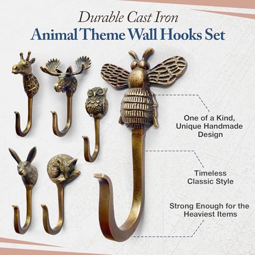 Cast Iron Animal Entry Hooks (Set of 6 Hooks) Unique Large Farmhouse Decorative Wall Hooks, Vintage Decor for Hanging Coats, Bags, Hats, Towels (Antique Bronze) - Image 4
