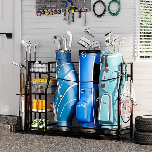 Golf Bag Stand for Golf Bag Accessories, Golf Bag Storage Organizer Fits 3 Bags for Garage Organization, Golf Organizer with Extra Storage Rack for Golf Clubs & Golf Essentials, Golf Gifts for Men - Image 6