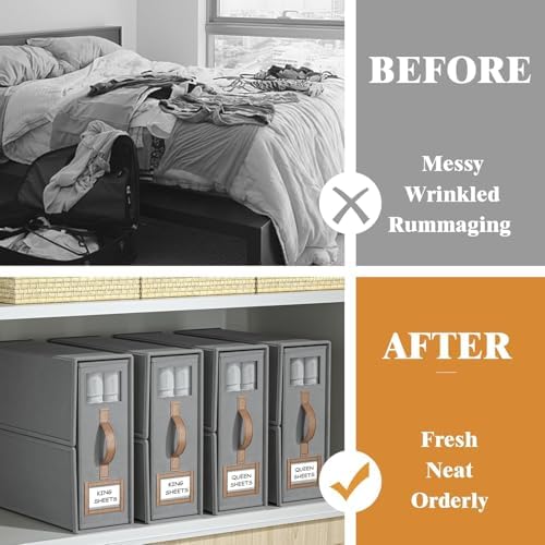 6 Pack Foldable Bed Sheets Set Organizers and Storage(King & Queen Size),Linen Fabric Closet Organizers with Window,Folding Bedding Storage Box for Bedsheets and Pillow Cube Organizer-Gray - Image 2