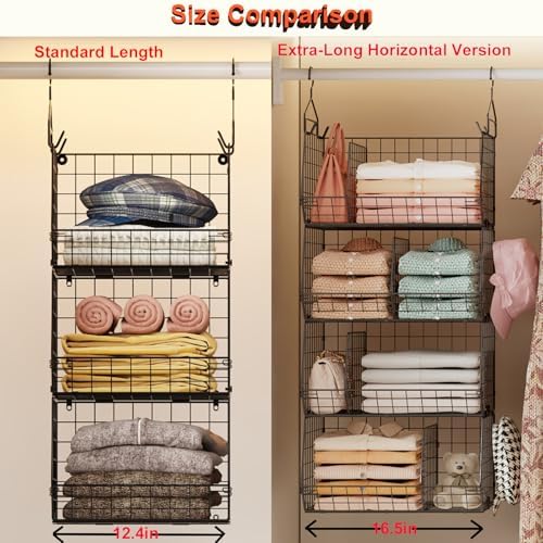 Jautokerdar 4 Tier Hanging Closet Organizer with Dividers,Extra Large Storage Hanging Shelf with 5 S Hooks 4 Dividers,Hang on Wire Closet Shelving Clothes Organizer-Black - Image 6
