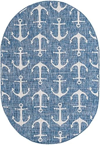 Unique Loom Outdoor Coastal Collection Area Rug - Ahoy (3' 3" x 5' 3" Oval, Blue/ Ivory) by UniqueLoom