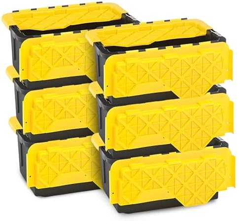 HOMZ 6-Pack Durabilt Tote, Heavy Duty Plastic Storage Bins with Lids, 15 Gallon, Black/Yellow - Stackable Organizing Containers for Home, Garage, and Office by Homz