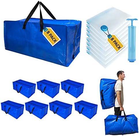 16 Pack Heavy Duty Extra Large Moving Bags with Backpack Straps & Large Vacuum Storage Bags Moving Supply Combo, Moving Totes with Handles & Zippers for Space Saving, Fold Flat, Includes Vacuum Bags by MattEasy