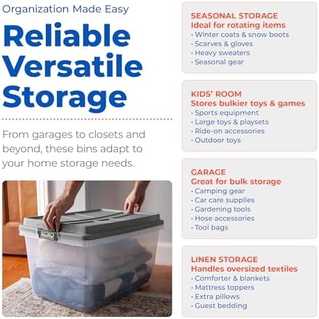 Hefty 72 Qt Hi-Rise Storage Bin with Lid, Stackable Plastic Storage Container, Organizer for Home, Garage & Closet, 6 Pack, Gray - Image 6