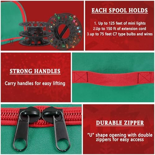 Premium Christmas Light Storage Bag – Heavy-Duty 600D Tear-Proof Material with Reinforced Handles – Includes 3 Reels, Stores up to 375 Ft of Mini Lights & Extension Cords – Green with PVC Lining - Image 6