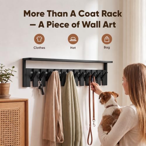 Wall Mounted Coat Rack with Shelf, 12 Flip-Down Hooks, Black - Image 2