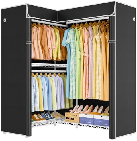 ULIFHOME E15C Garment Rack L Shaped Clothes Rack for Corner，Freestanding Clothing Racks for Hanging Clothes，Heavy Duty Closet Organizer 43.4"W x 15.8"D x 78.4"H，White Rack with Black Dustproof Cover - Image 2