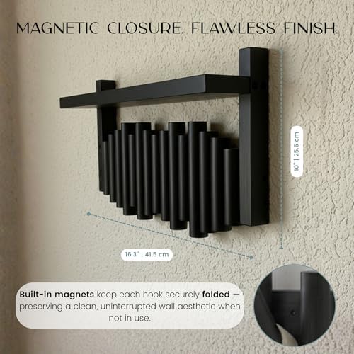 Bamboo Wall Mounted Coat Rack with Shelf Flip Down Wooden Hooks for Entryway Hallway Bedroom | Matte Black Piano Hanger, 5 Hooks, Space Saving Organizer - Image 4