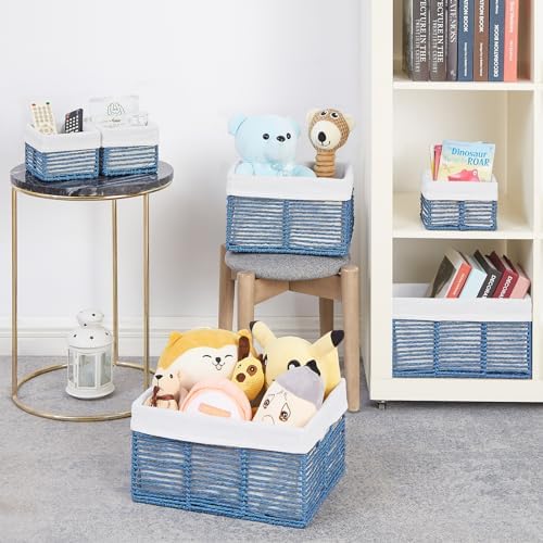 Vagusicc Wicker Storage Basket, 6 Pack Baskets for Organizing, Wicker Baskets with Handle, Rectangular Woven Basket for Storage Shelves, Cube Storage Bins for Closet/Clothes/Dresser, Blue - Image 5