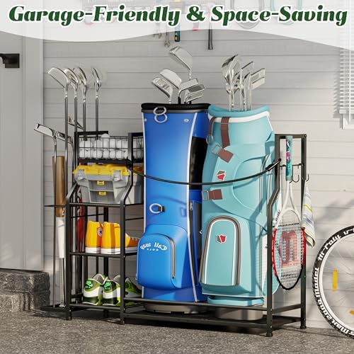 Golf Bag Storage Organizer for Golf Accessories, Golf Bag Stand with Extra Storage Rack for Golf Clubs & Golf Essentials, Golf Bag Holder for Garage Organization Fits 2 Bags, Metal & Wood Construction - Image 5