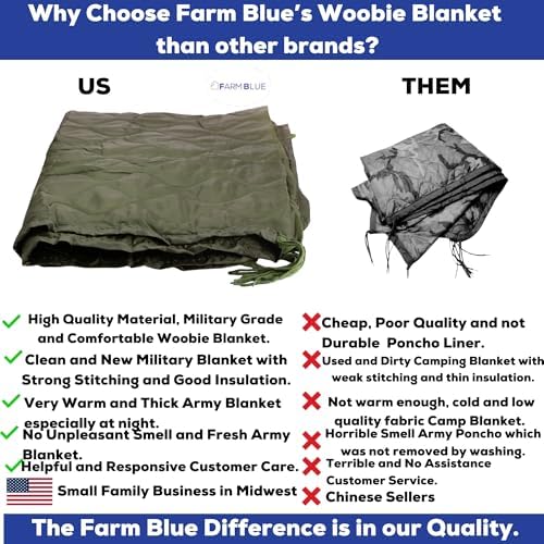 Farm Blue OD Green Army Camping Blanket Tactical Woobie Blanket Poncho Liner - Lightweight, Multifunctional, All Weather Blankets - Camping Gear, Backpacking and More Use - Olive Drab Green - Image 2