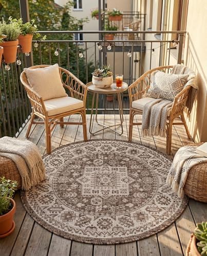 Rugs.com - Outdoor Aztec Rug – 3 Ft Round Brown Indoor/Outdoor Rug – Flatweave Tribal Design for Patio, Deck, and Porch by Rugscom