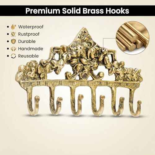 Indian Shelf Vintage Brass Floral Wall Hook Rack for Keys, Coats and Bags - Image 4