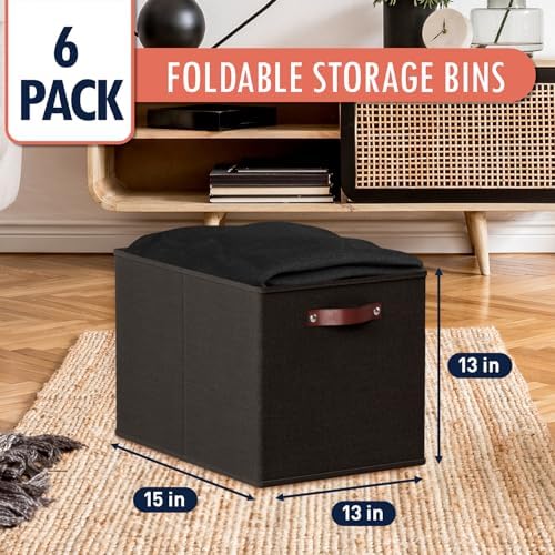 Ornavo Home 13x15x13 Foldable Fabric Storage Cube Bins, 6 Pack, Black - Image 3