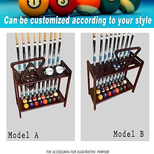 Pool Stick Holder Floor Stand Holds 9 Cues & Pool Table Accessories. Wooden 2-Tier Cue Stick Storage with Ball Rack Hangers, Billiard Cone Chalk Holder or Drink Pads - Image 2