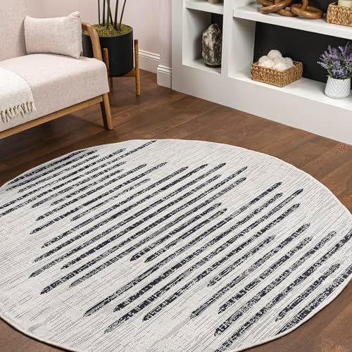 JONATHAN Y Stripe Geometric Indoor Outdoor Round Area Rug 9 Ft Ivory/Black, Zolak Berber for Backyard, Patio, Porch, Easy-Cleaning, High Traffic, Pet-Friendly, Non-Shedding (SMB124D-9R) by JONATHANY