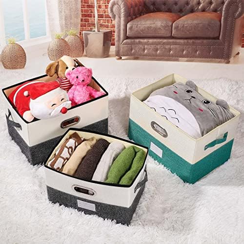 Large Linen Fabric Foldable Storage Bins with Removable Lid and Handles, Washable Storage Box Organizer Containers Baskets Cube with Cover for Bedroom,Office(Green&Cream, Large(2-Pack)) - Image 3