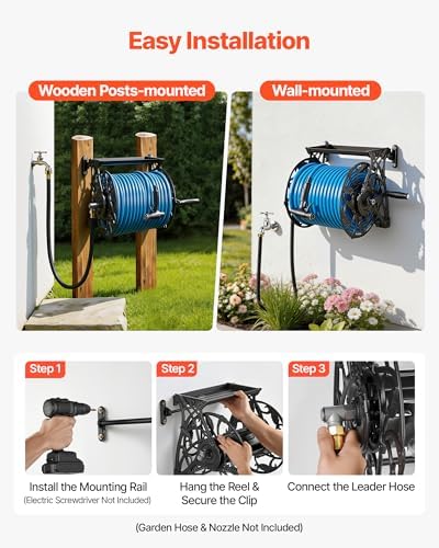 VEVOR Wall Mounted Garden Hose Reel, Holds 135 Feet of 5/8-inch Hose, Outdoor Heavy-Duty Waterhose Holder Winder, with Widened Top Tray, Aluminum Alloy Connector, Decorative Pattern, for Backyards - Image 5