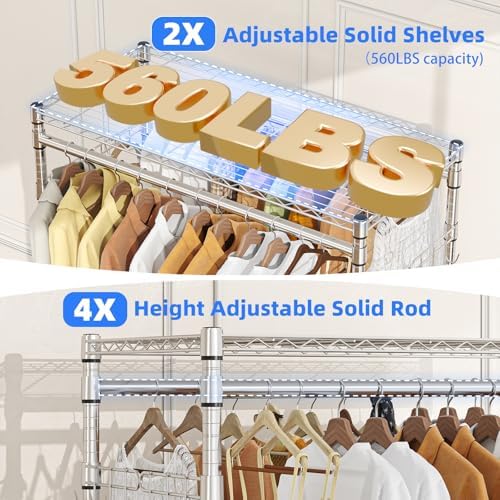 Simple Trending Heavy Duty Clothes Rack Clothing Rack with Wheels and 4 Hanging Rods, Adjustable Rolling Garment Racks, Load 560 LBS, Chrome - Image 4