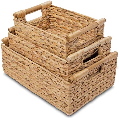 VATIMA Hyacinth Wicker Basket Set 3 size - Rectangular, Wooden Handles, Shelf Organizer, Natural Bins by VATIMA