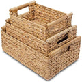 VATIMA Hyacinth Wicker Basket Set 3 size - Rectangular, Wooden Handles, Shelf Organizer, Natural Bins by VATIMA