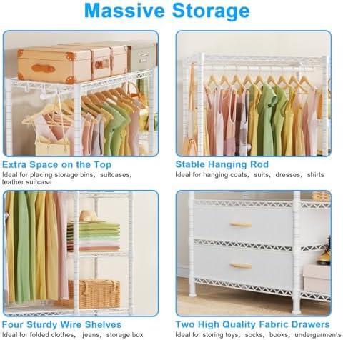 Ulif F3 Heavy Duty Clothes Rack（With Fabric Drawers）Freestanding Clothing Racks for Hanging Clothes，Adjustable Closet Organizer System，Portable Garment Rack 40" W x 15" D x 72" H，Max Load 700LBS，White - Image 6