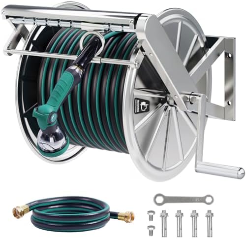 Stainless Steel Garden Hose Reel with 5/8" x 100 ft Heavy Duty Hose, Wall Mount Water Hose Holder, Hose Reels with Crank Handle for Outside, Lawn, Yard, Garage by Unknown