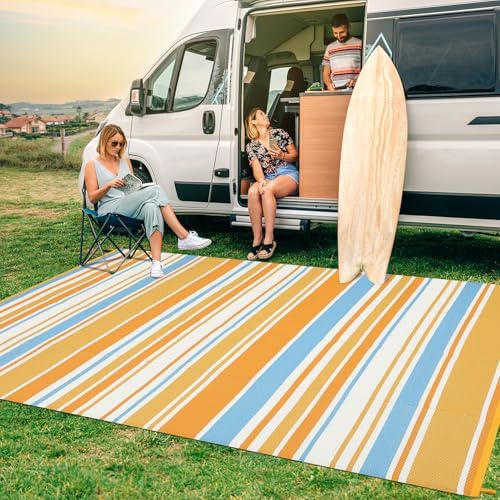 Garvee Striped 9x18 Waterproof Modern Lines Large Outdoor Rug Blue Yellow - Image 2