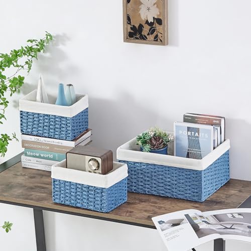 Vagusicc Wicker Basket, Set of 3 Hand-woven Storage Baskets for Organizing, Rectangle Wicker Storage Basket Bins with Handles, Small Toilet Paper Storage Baskets for Shelves & Decor, Blue - Image 7
