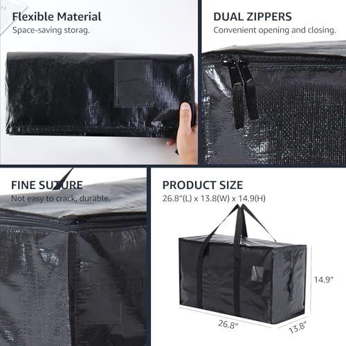 Moving Bags Heavy Duty Extra Large, Moving Boxes, Moving Supplies Essentials, Blue Storage Bins with Lids, Plastic Packing Totes, Storage Bags for Clothes with Handles & Zippers(Black, 12 Pack) - Image 7