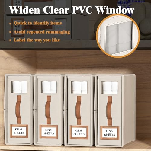 8 Pack Foldable Bed Sheets Set Organizers and Storage(King & Queen Size),Linen Fabric Closet Organizers with Window,Folding Bedding Storage Box for Bedsheets and Pillow Cube Organizer-Beige - Image 4
