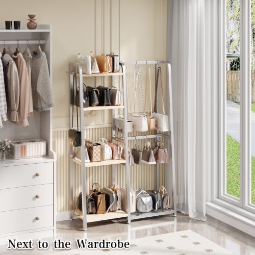 HavenlyYouth Purse Storage Organizer for Closet, 4-Tier Iron Wood Purse Rack, 8 Purse Hooks & 2 Side Hooks for Bag Organizer, Large Capacity Handbag Storage Rack for Home, Living Room, Silver - Image 7