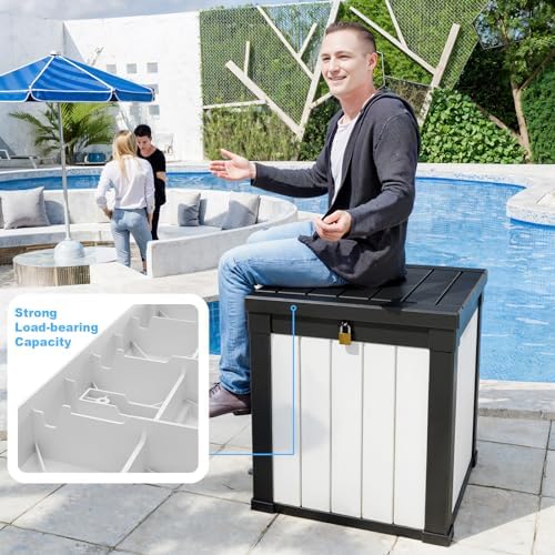 Vixzen 50 Gallon Outdoor Deck Box, Lockable Resin Waterproof Storage Box, UV Resistant, Weather Resistance, Outside Storage Bin for Gardening Tools Pool Supplies (Black&White) - Image 4