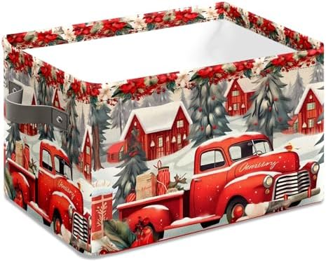 Christmas Baskets Storage Bins with Handles, Christmas Red Truck Foldable Fabric Baskets Canvas Cloth Organizer Storage Boxes 2 2piece - Image 3