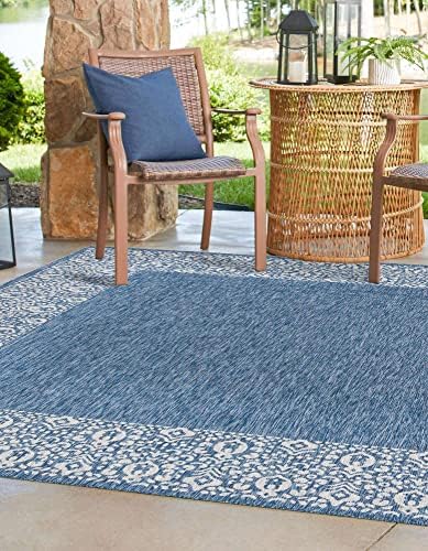 Unique Loom Outdoor Border Collection Area Rug - Floral Border (13' Square, Blue/ Ivory) - Image 4