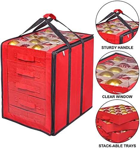 ProPik Christmas Ornament Storage Boxes with Dividers - 5 Separate Trays - Ornament Holder - Keeps 100 Holiday Ornaments - Durable Carrying Bag Handles Organizer Storage Box (Red) - Image 4
