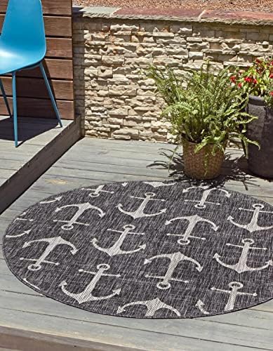 Unique Loom Outdoor Coastal Collection Area Rug - Ahoy (13' Round, Charcoal/ Ivory) by UniqueLoom