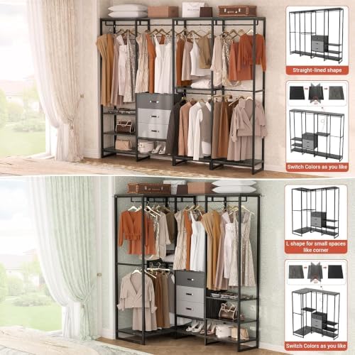 Freestanding Closet Organizer System with 3 Drawers, 6FT Heavy Duty Clothing Rack with Shelves and 6 Hanging Rods, Large Corner L Shaped Garment Rack, Grey Oak - Image 6